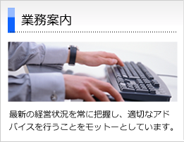 業務案内
最新の経営状況を常に把握し、適切なアドバイスを行うことをモットーとしています。